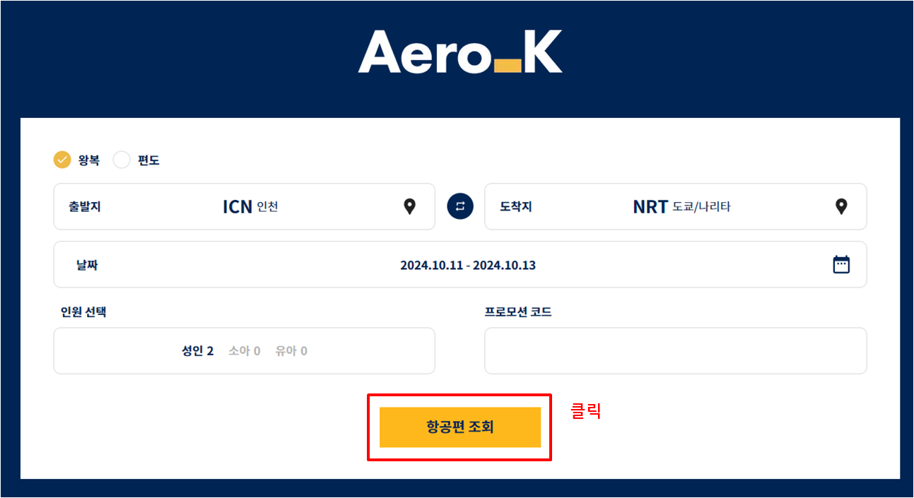 에어로케이 항공편 조회 화면