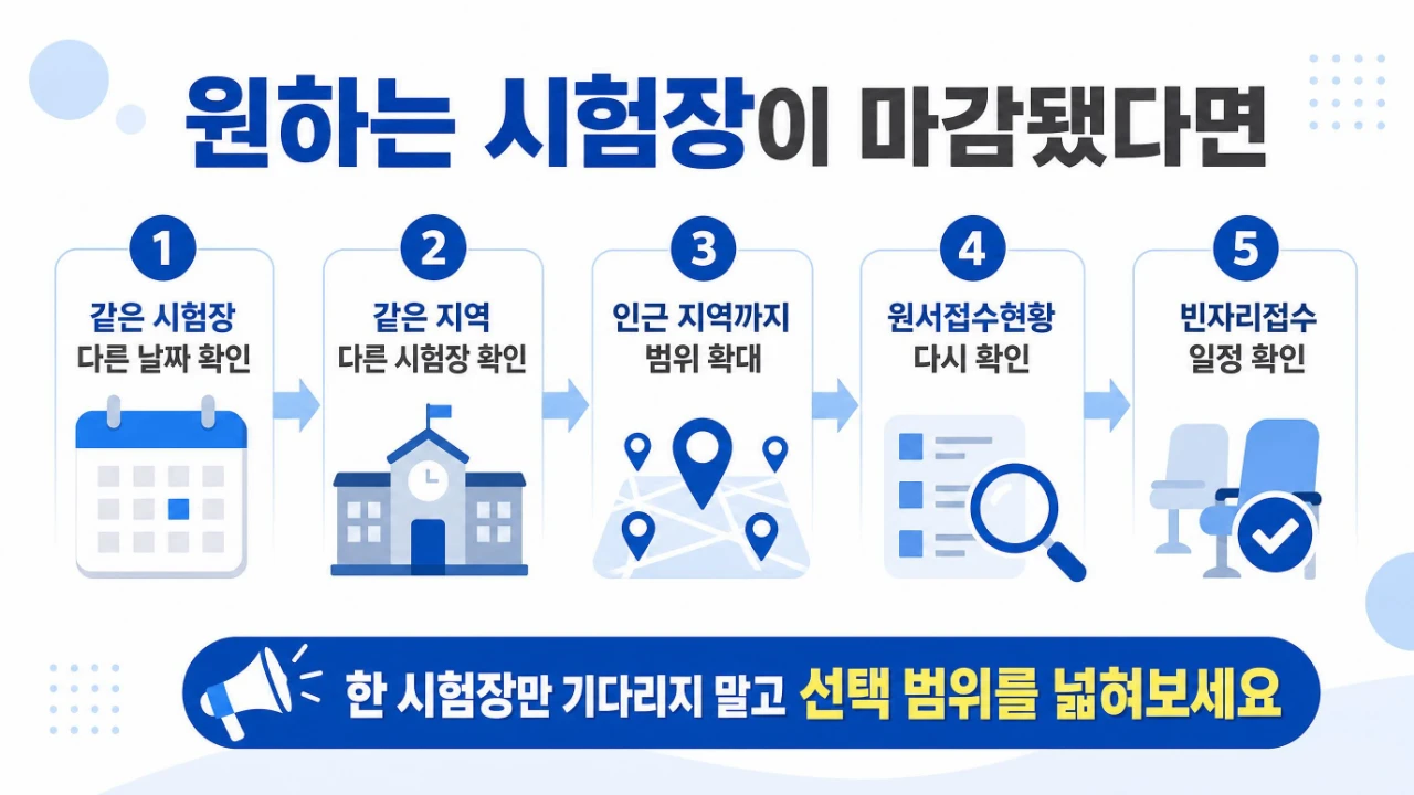 큐넷 기능사 시험장이 마감됐을 때 같은 시험장 다른 날짜부터 인근 지역과 빈자리접수까지 확인하는 순서