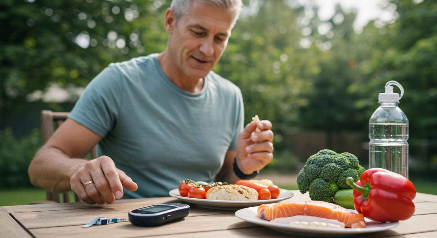 건강한 생활습관을 보여주는 이미지 - 균형 잡힌 식사, 가벼운 운동, 혈당 체크를 하는 모습