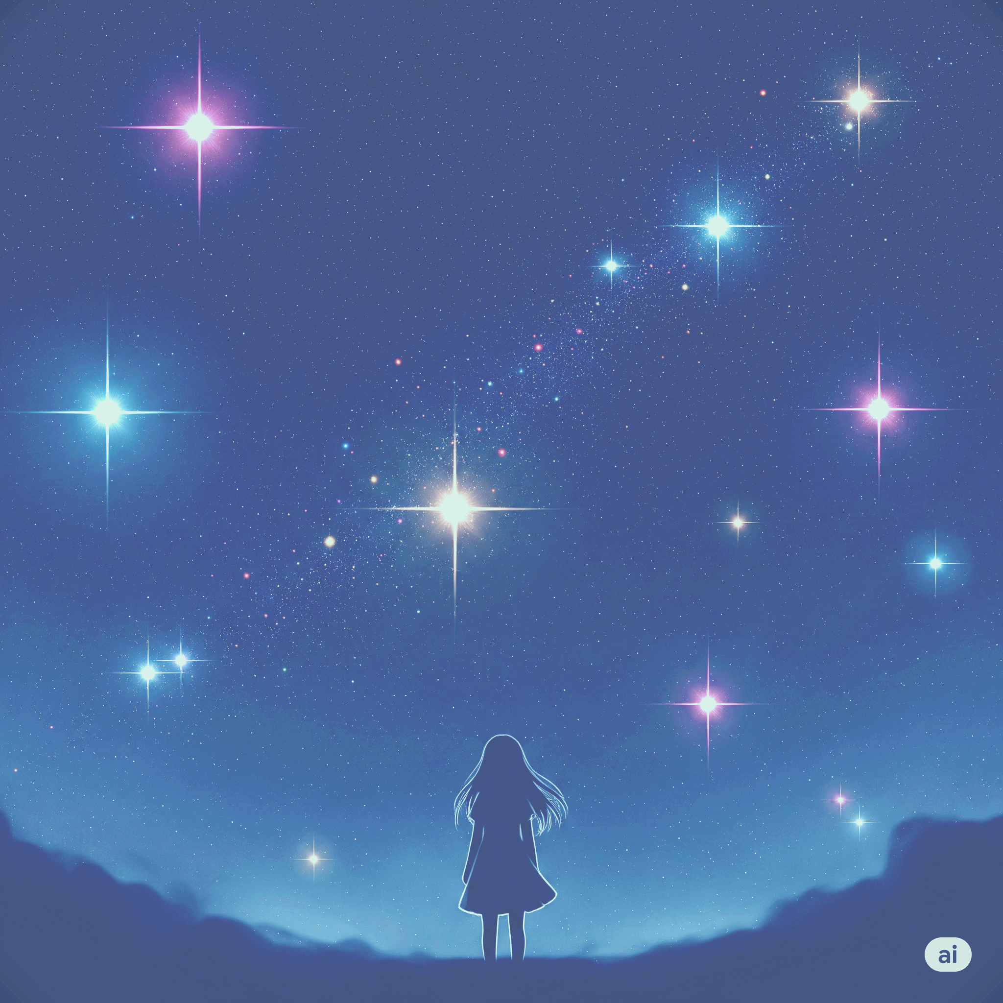 밤하늘에 빛나는 별들을 바라보고 있는 여자의 뒷모습 그림