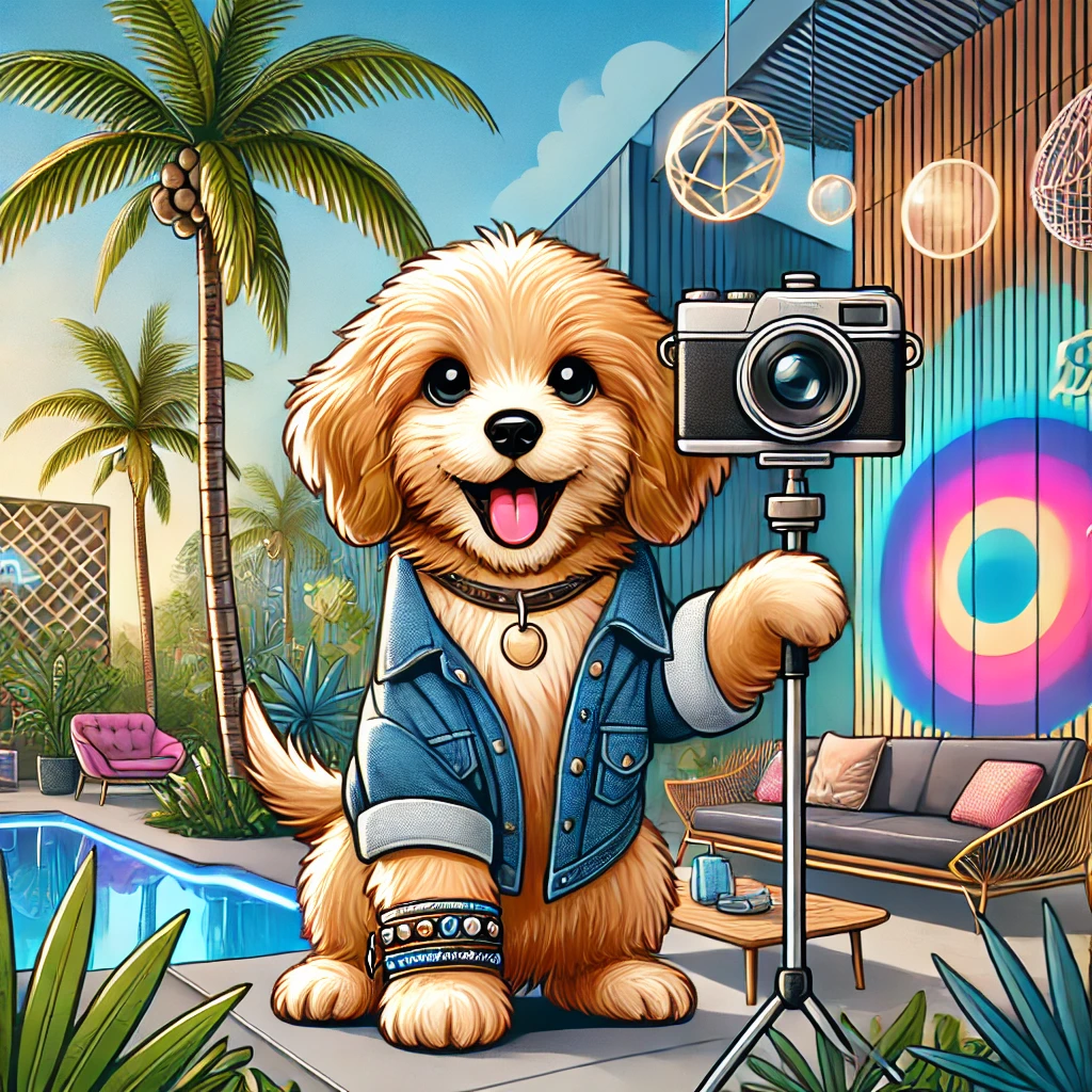 휴양지 핫플레이스에서 멋진 의상을 입은 모습으로 카메라를 잡고 활짝 웃고 있는 모습을 현대적이고 귀엽게 표현한 일러스트