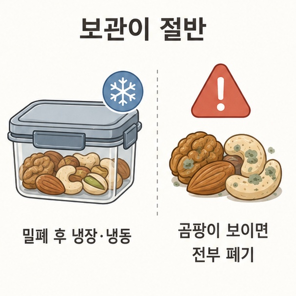 견과류 보관법 도해, 밀폐 후 냉장 보관과 곰팡이 발견 시 전량 폐기를 나타낸 그림