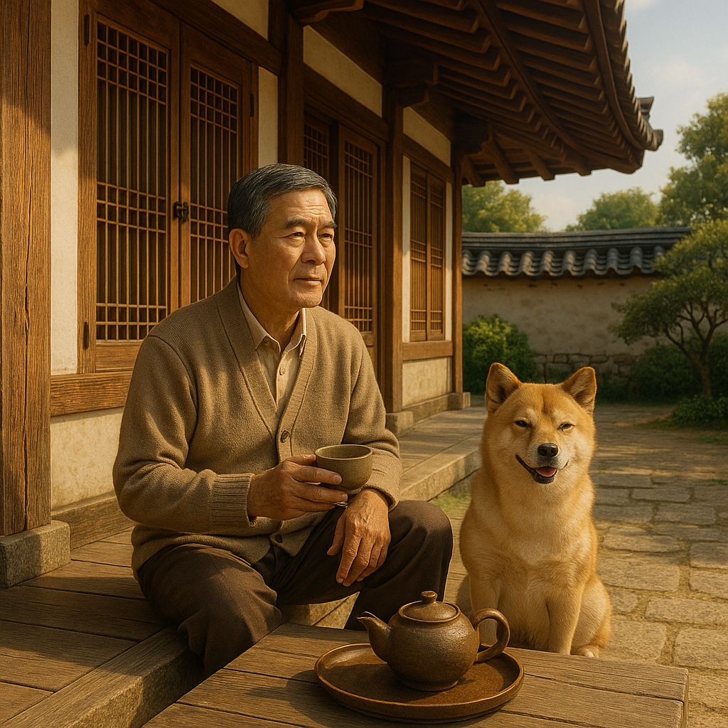 chat gpt 이미지 생성, 한옥 마당에서 강아지와 함께 차 마시는 60대 남성, 고요하고 평화로운 오후 풍경