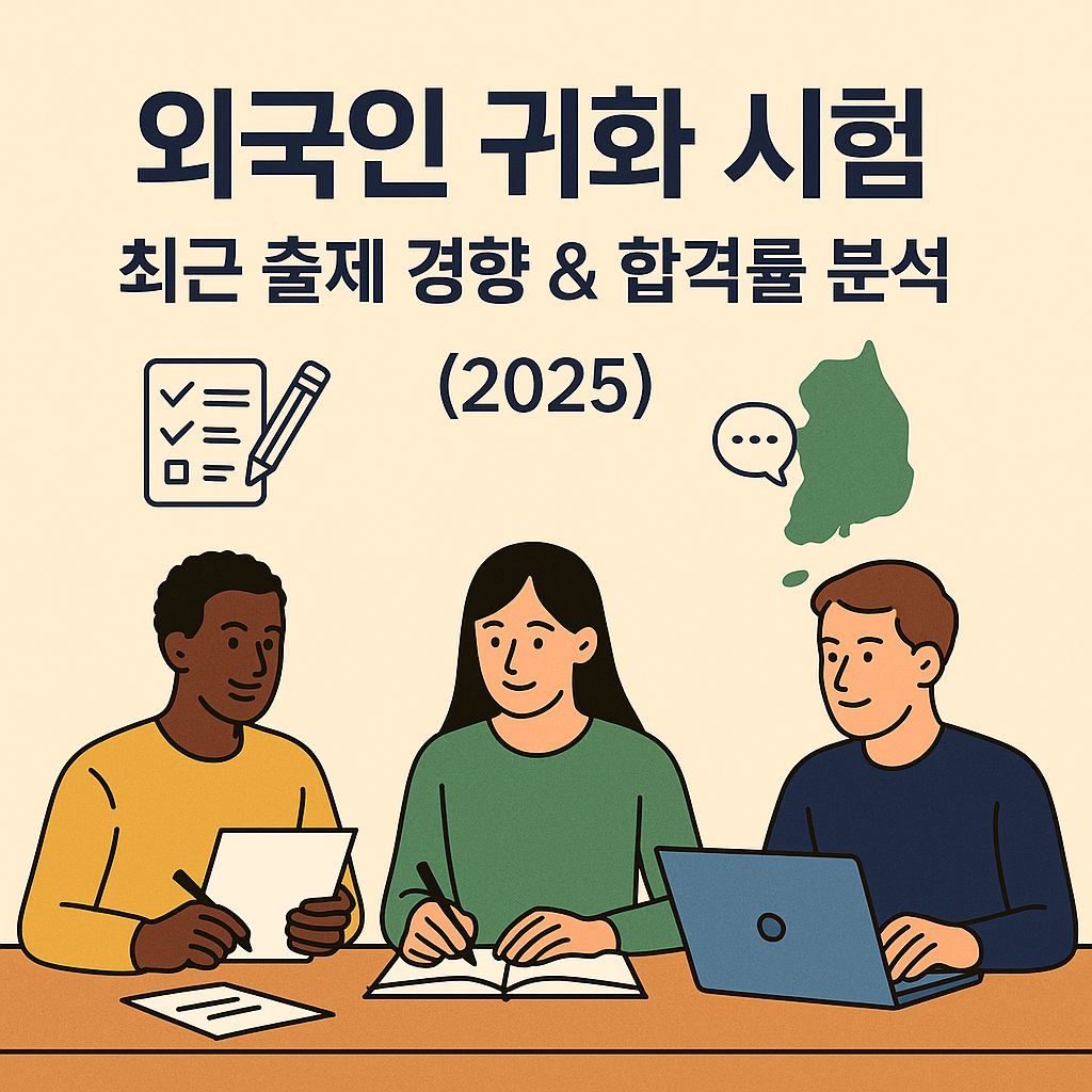 "Illustration of diverse individuals studying at a desk for the Korean naturalization exam, with icons of a checklist, speech bubble, and Korean map. The top part displays the text: 'Foreigner Naturalization Exam – Trend & Pass Rate Analysis (2025)' in Korean."