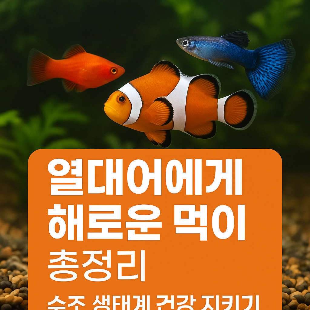 초록 수초가 배경인 수조 안에서 열대어 세 마리(클라운피시, 구피, 플래티)가 유영하고 있으며, 아래쪽에는 &lsquo;열대어에게 해로운 먹이 총정리 &ndash; 수조 생태계 건강 지키기&rsquo;라는 한글 문구가 주황색 배경에 흰색 글씨로 강조되어 있는 정보 그래픽 이미지