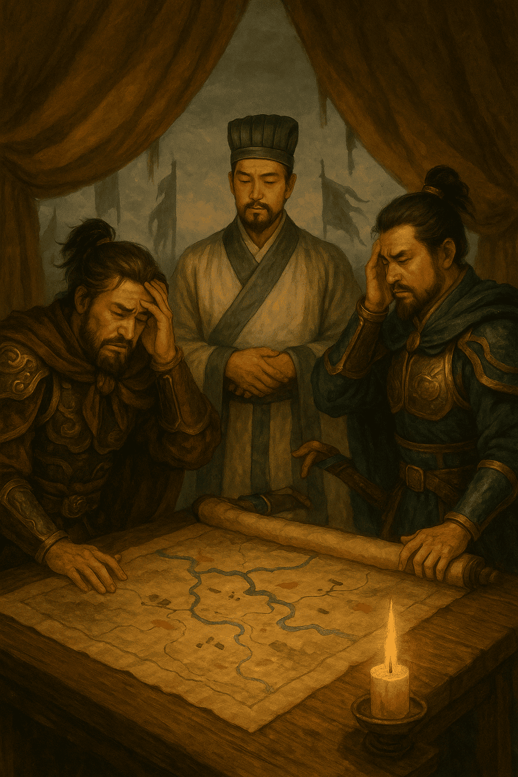 제갈량, 손권, 주유가 고뇌를 하고있다.