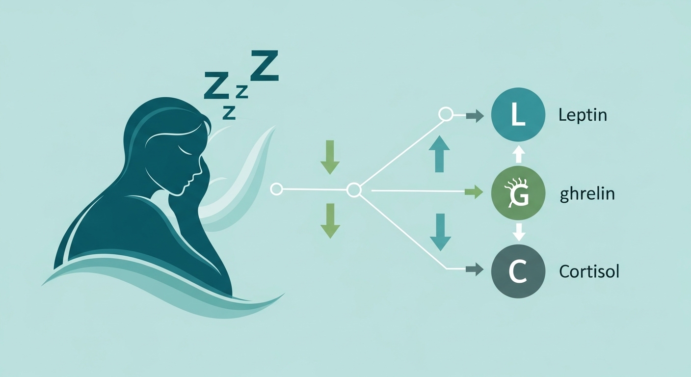 수면과 렙틴, 그렐린, 코르티솔 호르몬의 상호작용을 보여주는 깔끔한 인포그래픽.