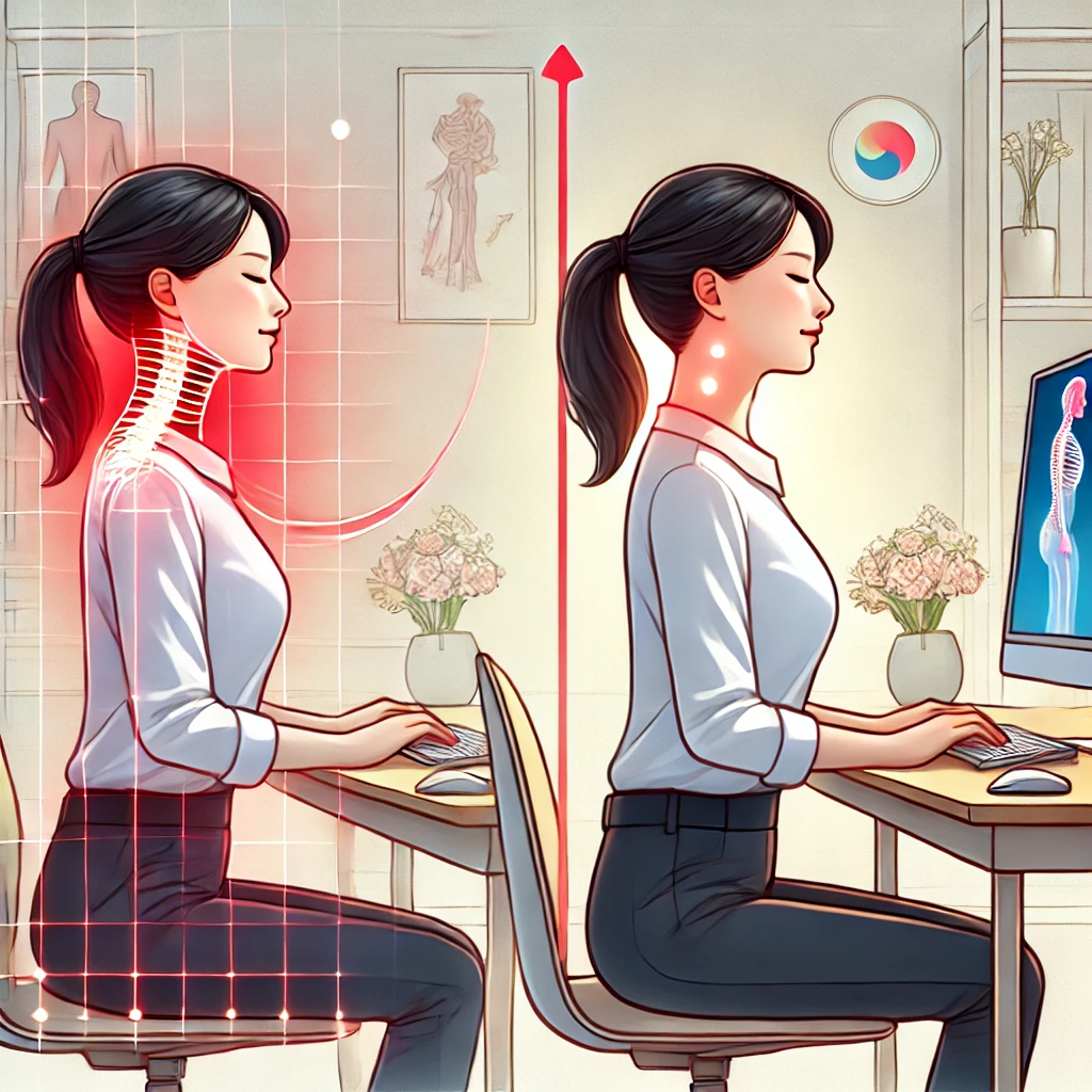 목 통증을 줄이는 올바른 자세로 컴퓨터하고 있는 여성