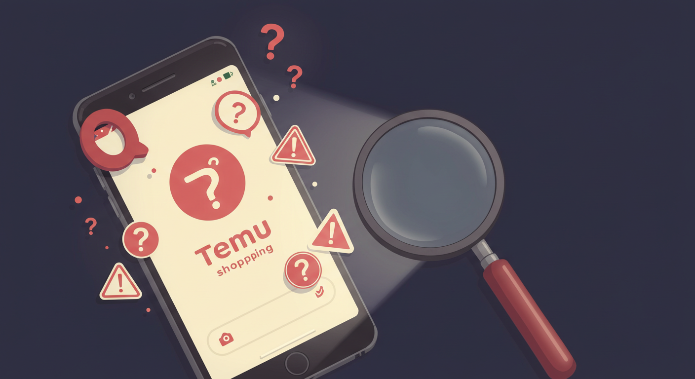 테무 앱 화면과 논란을 상징하는 물음표와 경고 아이콘