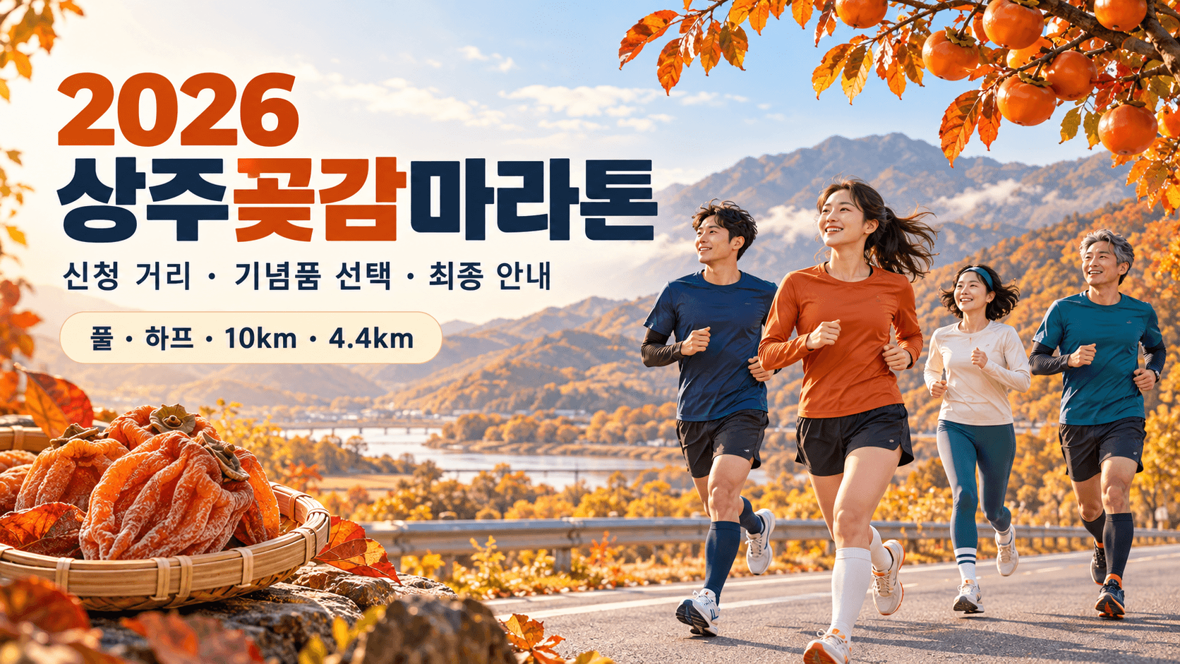 곶감과 가을 풍경 속 러너들, 풀&middot;하프&middot;10km&middot;4.4km 종목 안내를 담은 2026 상주곶감마라톤 소개 일러스트.