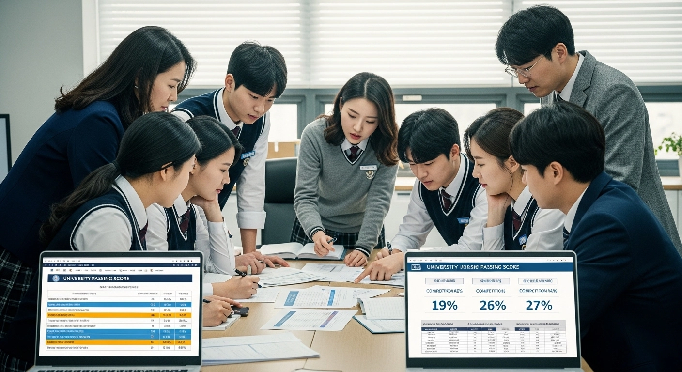 고등학생과 부모가 입시 상담실에서 경쟁률을 분석하는 장면