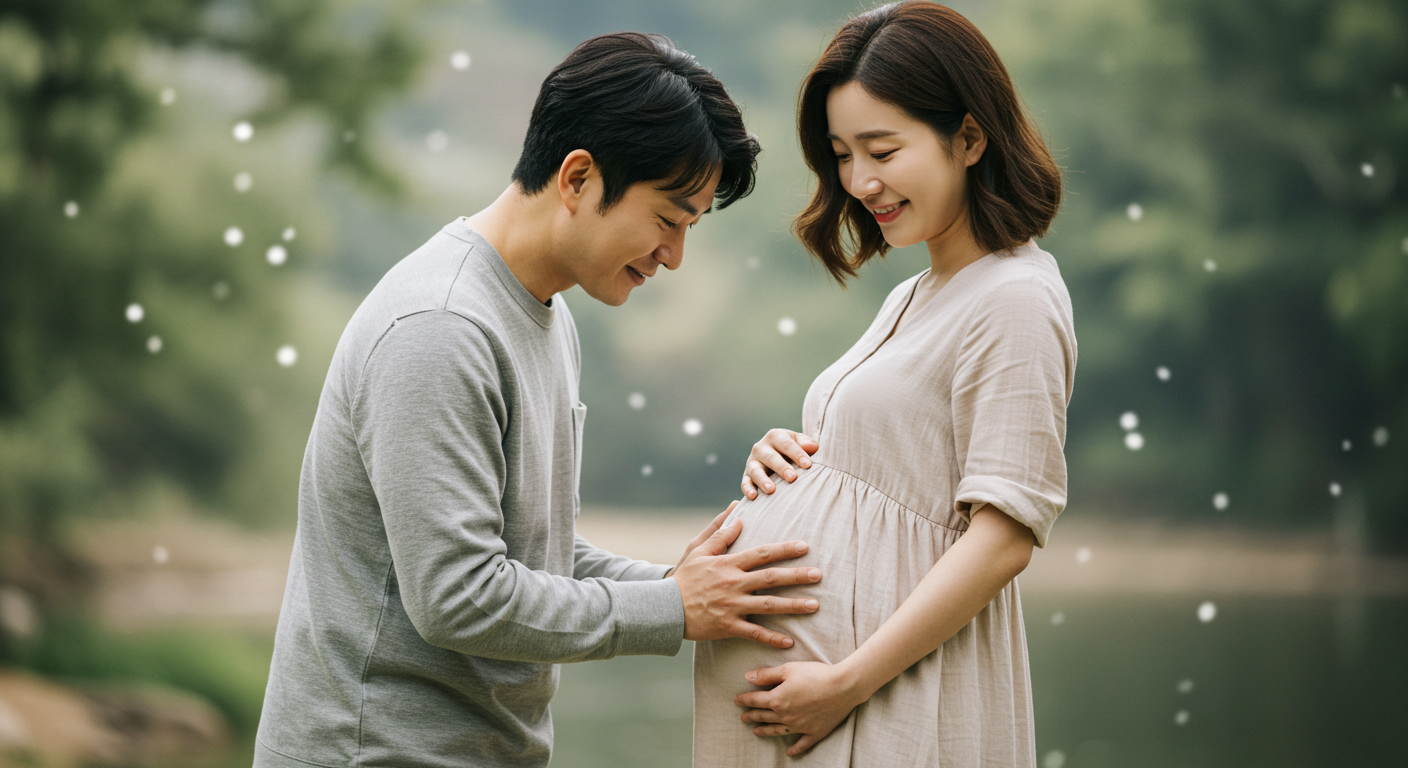임신한 아내의 배를 만지고 있는 남자