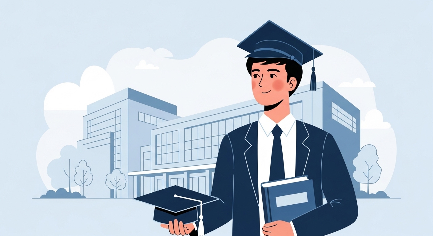미래를 향해 자신감 있게 서 있는 대학생, 학자금 걱정 없이 학업에 전념할 수 있는 희망찬 모습