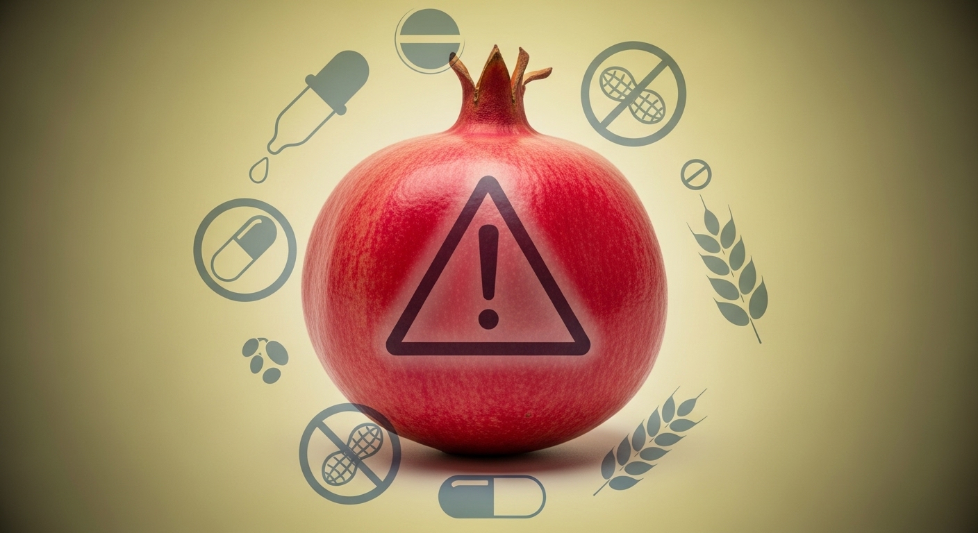 석류 섭취 시 발생할 수 있는 부작용과 약물 상호작용에 대한 주의를 시각적으로 강조하는 이미지