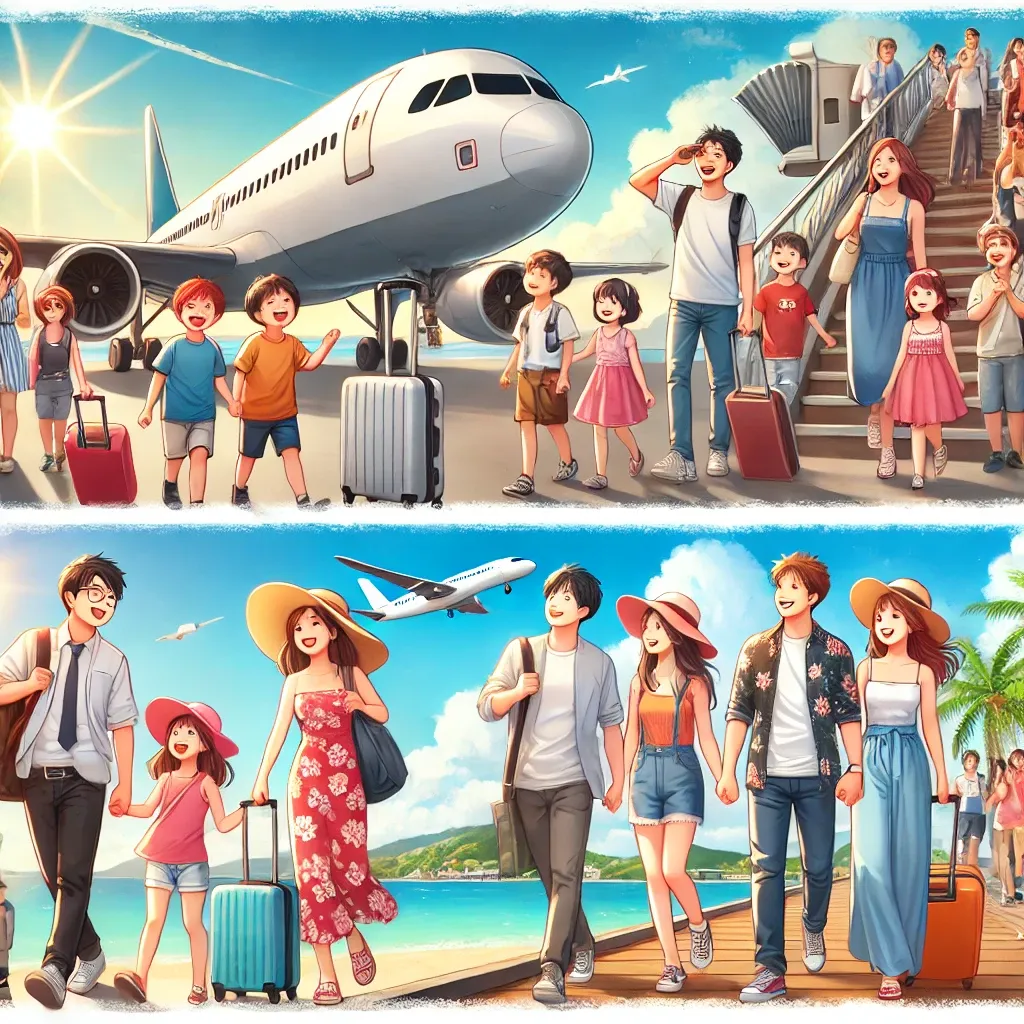 아이들과 함께 공항에서 비행기를 기다리는 가족