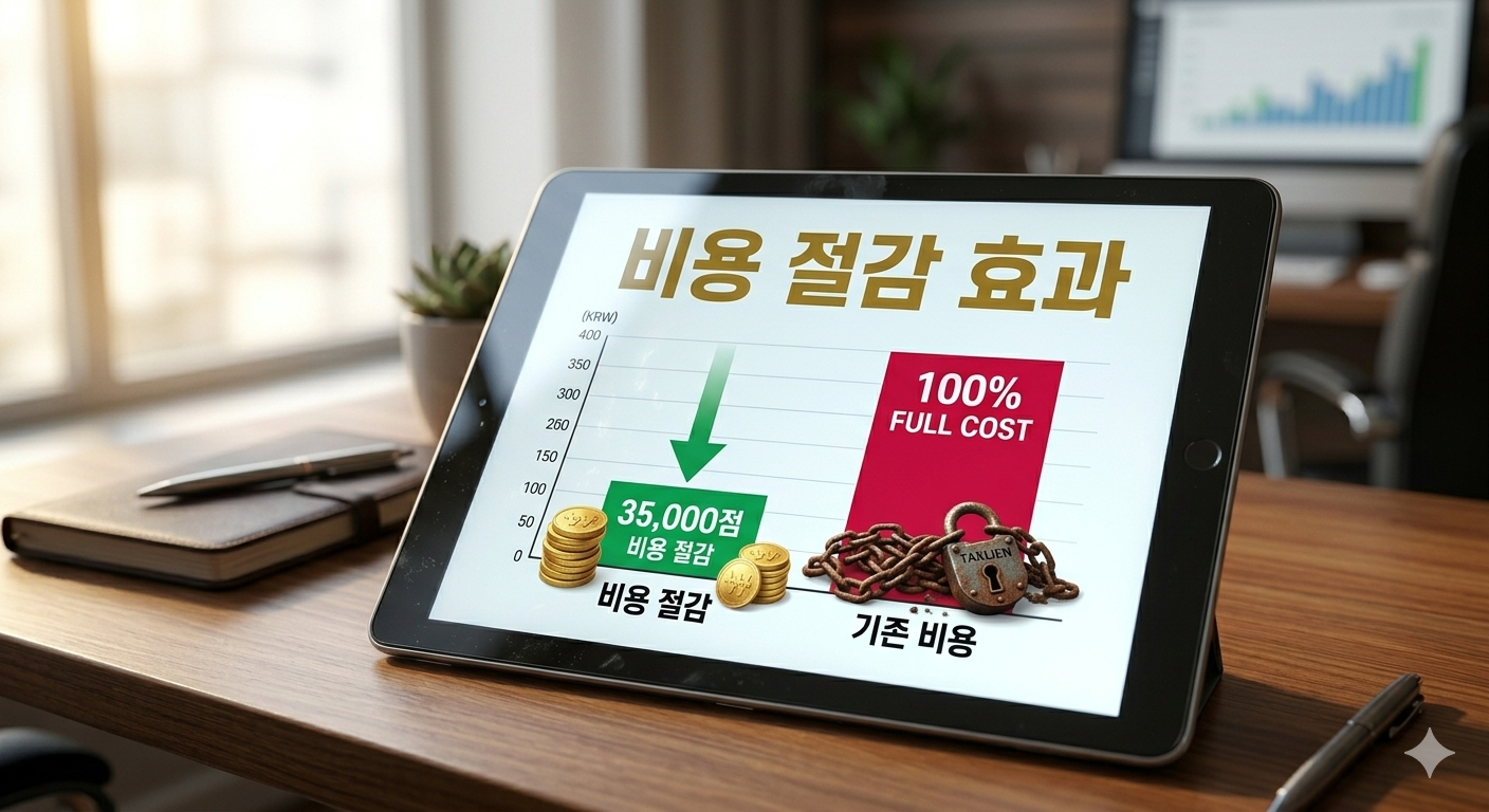 정부 지원을 통한 35,000원 혜택과 예산 소진 시 자부담 비용의 차이를 보여주는 비교 도표