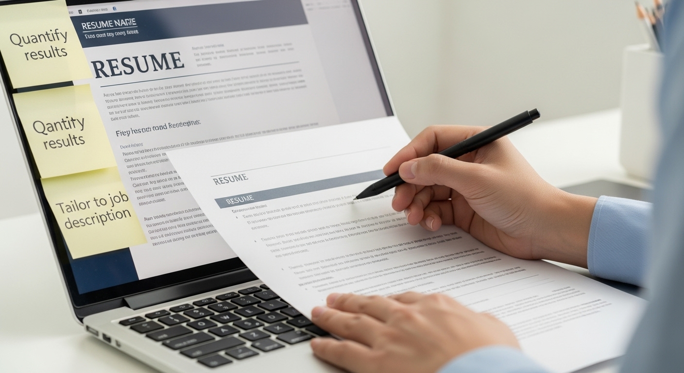 노트북으로 경력기술서를 꼼꼼히 검토하고 수정하는 모습. 옆에는 성과 수치화 등의 팁이 적힌 포스트잇이 보인다.