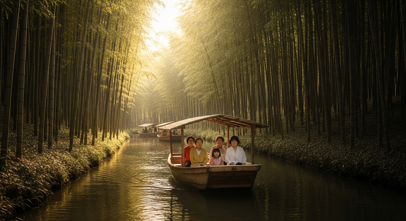 강릉 '오죽헌 전통 뱃놀이'의 평온한 풍경. 검은 대나무 숲으로 둘러싸인 잔잔한 물길 위에 한국 전통 목조 나룻배가 부드럽게 떠 있다. 한국인 관광객들(시니어를 동반한 가족)이 배에 편안하게 앉아 경치를 즐기고 있다. 조명은 부드러운 황금빛 시간대의 햇살로, 따뜻하고 평화로운 힐링 분위기를 연출함.