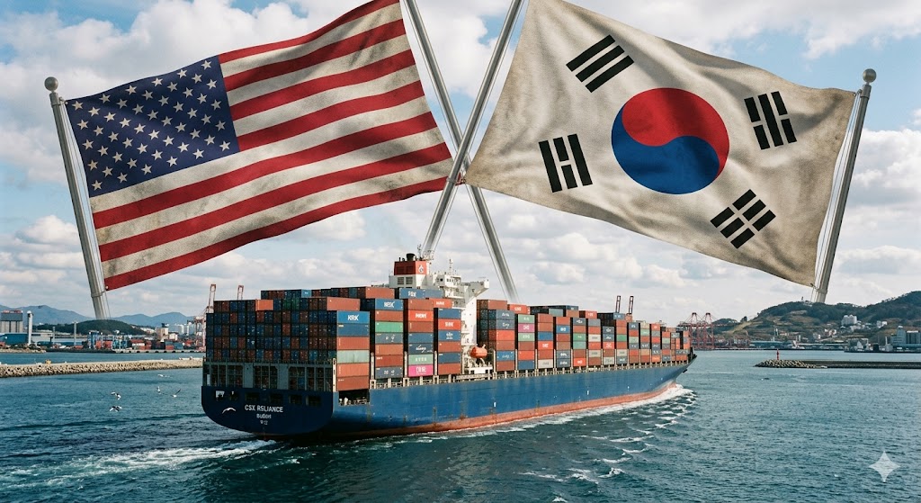 성조기와 태극기가 교차된 배경에 거대한 무역 컨테이너선이 항해하는 사진