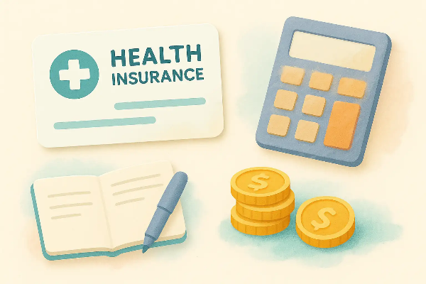 건강보험증, 계산기, 절약된 동전이 따뜻한 톤으로 조화롭게 구성된 이미지