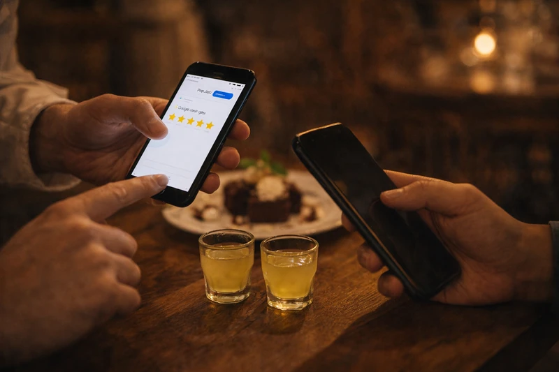어두운 유럽 레스토랑 테이블 위에서 한쪽 스마트폰에는 구글 지도 리뷰의 5점 화면이 보이고, 다른 쪽 손은 망설이듯 휴대폰을 들고 있는 모습. 사이에는 리몬첼로 잔 두 개와 디저트 접시가 놓여 있어 후기 작성을 유도하는 듯한 분위기를 전달한다.