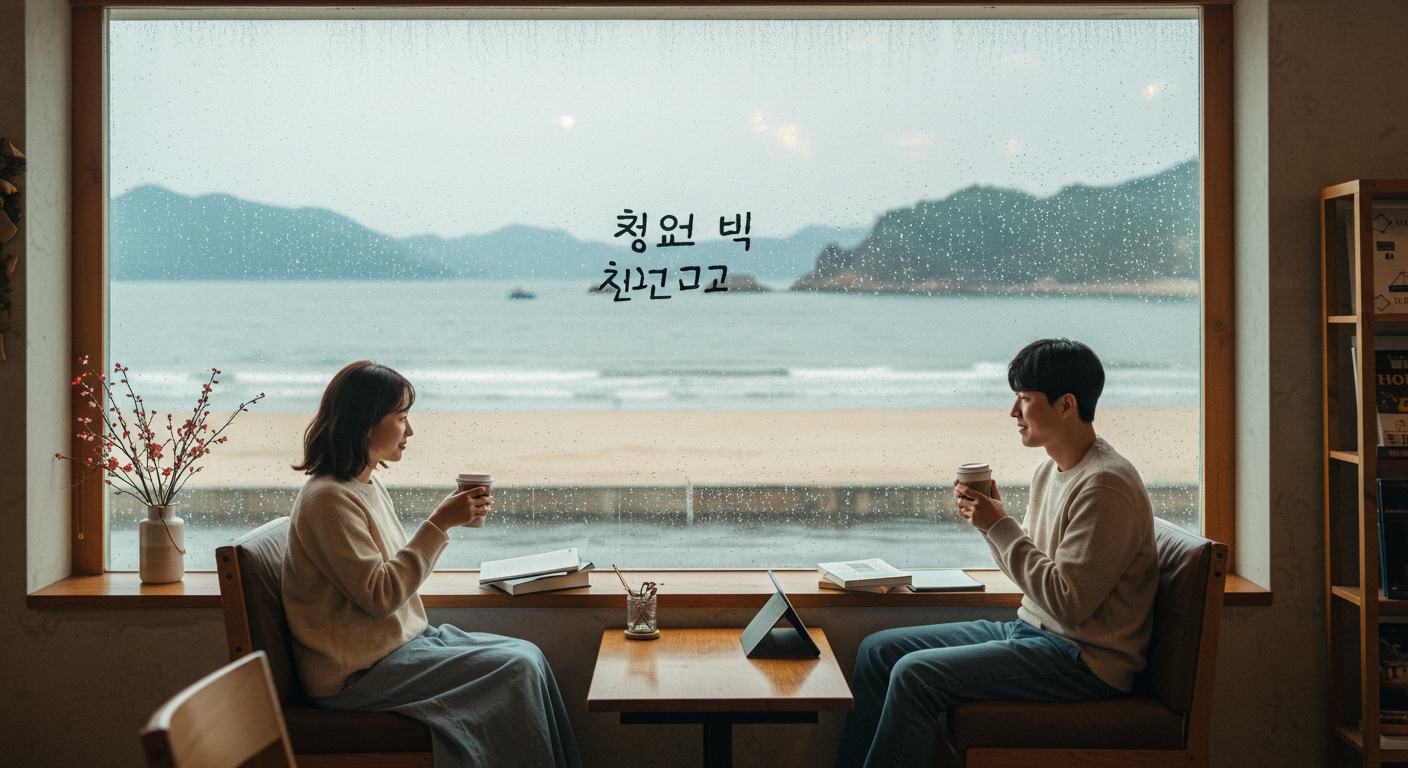 강릉 안목해변 카페에서 비 내리는 창밖을 보며 커피 마시는 커플.