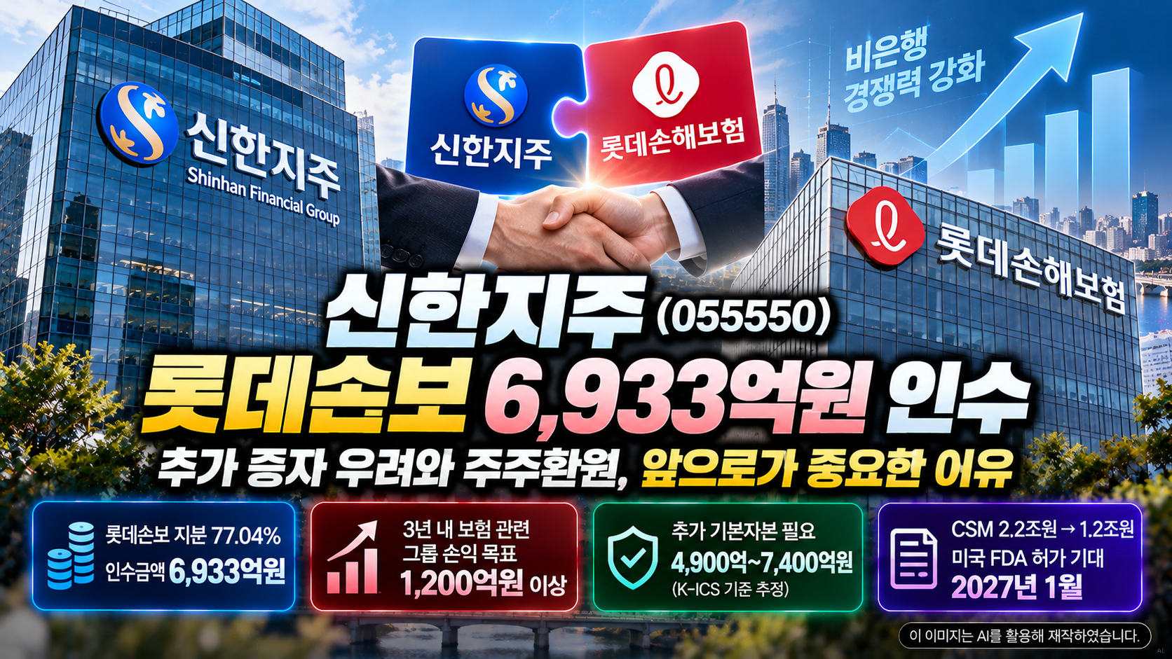신한지주 기업분석, 롯데손해보험 지분 77.04%를 6,933억원에 인수한 배경과 추가 자본확충 우려, CSM 감소 전망 및 배당&middot;주주환원에 미치는 영향