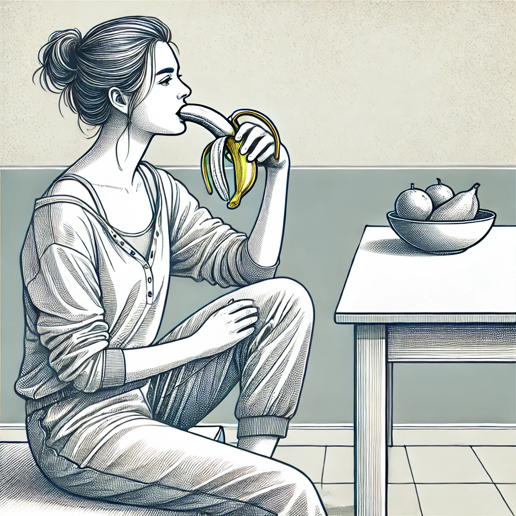 공복에 바나나로 허기를 채우고 있는 여성의 모습