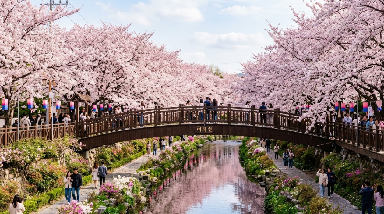 2026 진해 군항제 여좌천 로망스 다리 벚꽃길 실시간 개화 상태 및 야간 조명 뷰
