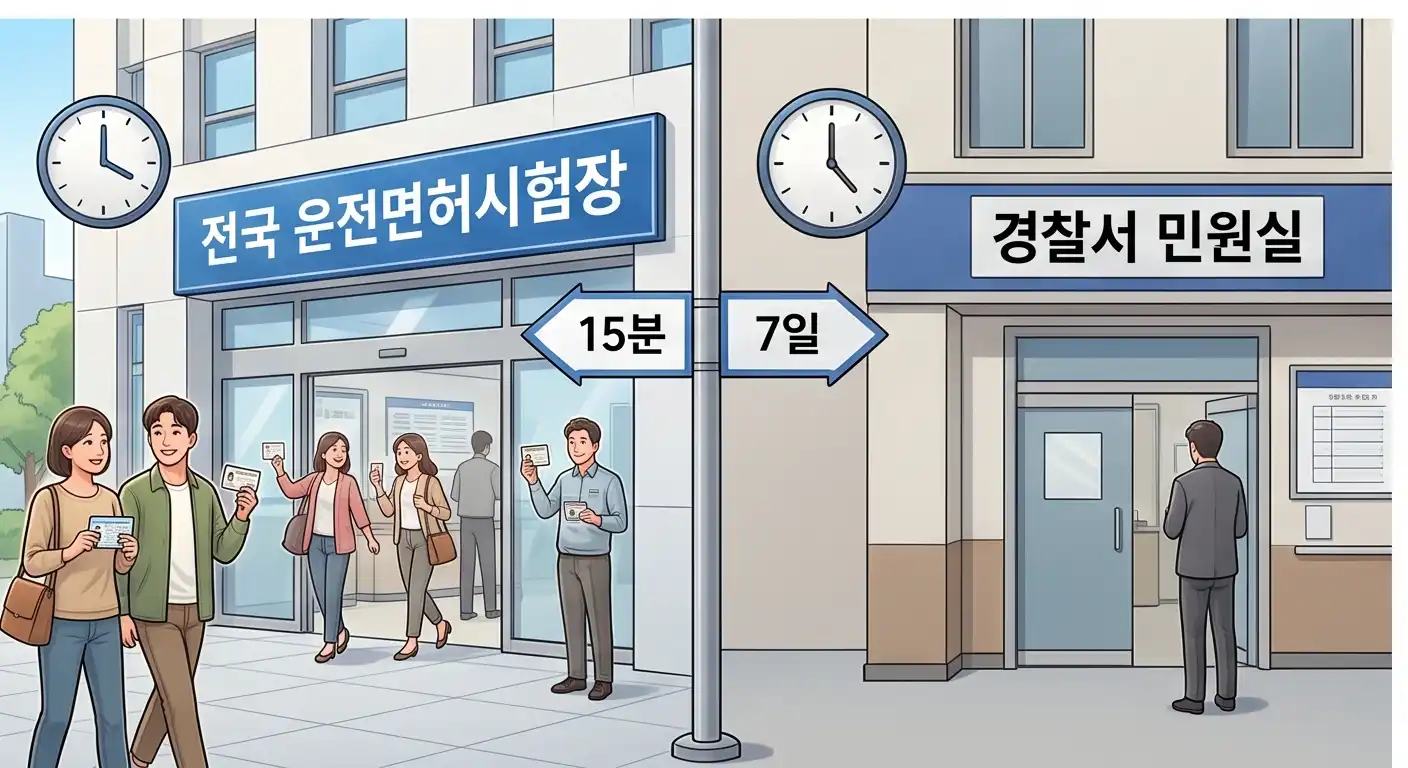 전국 운전면허시험장과 경찰서 민원실의 면허증 발급 소요 시간 비교 일러스트