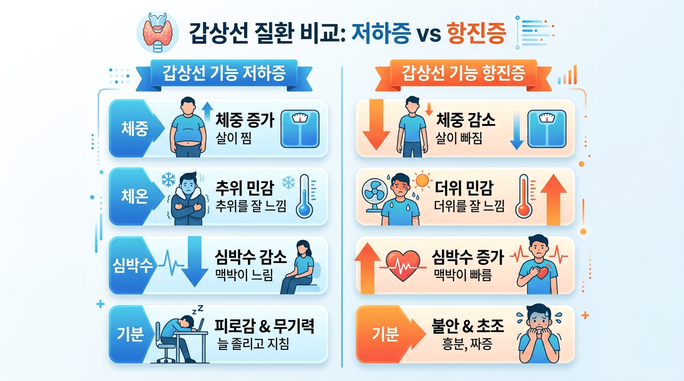 저하증 vs 항진증 증상 방향을 화살표로 비교한 인포그래픽 일러스트