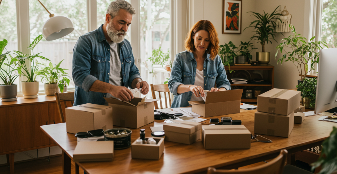 중년부부의 재택부업하는 모습