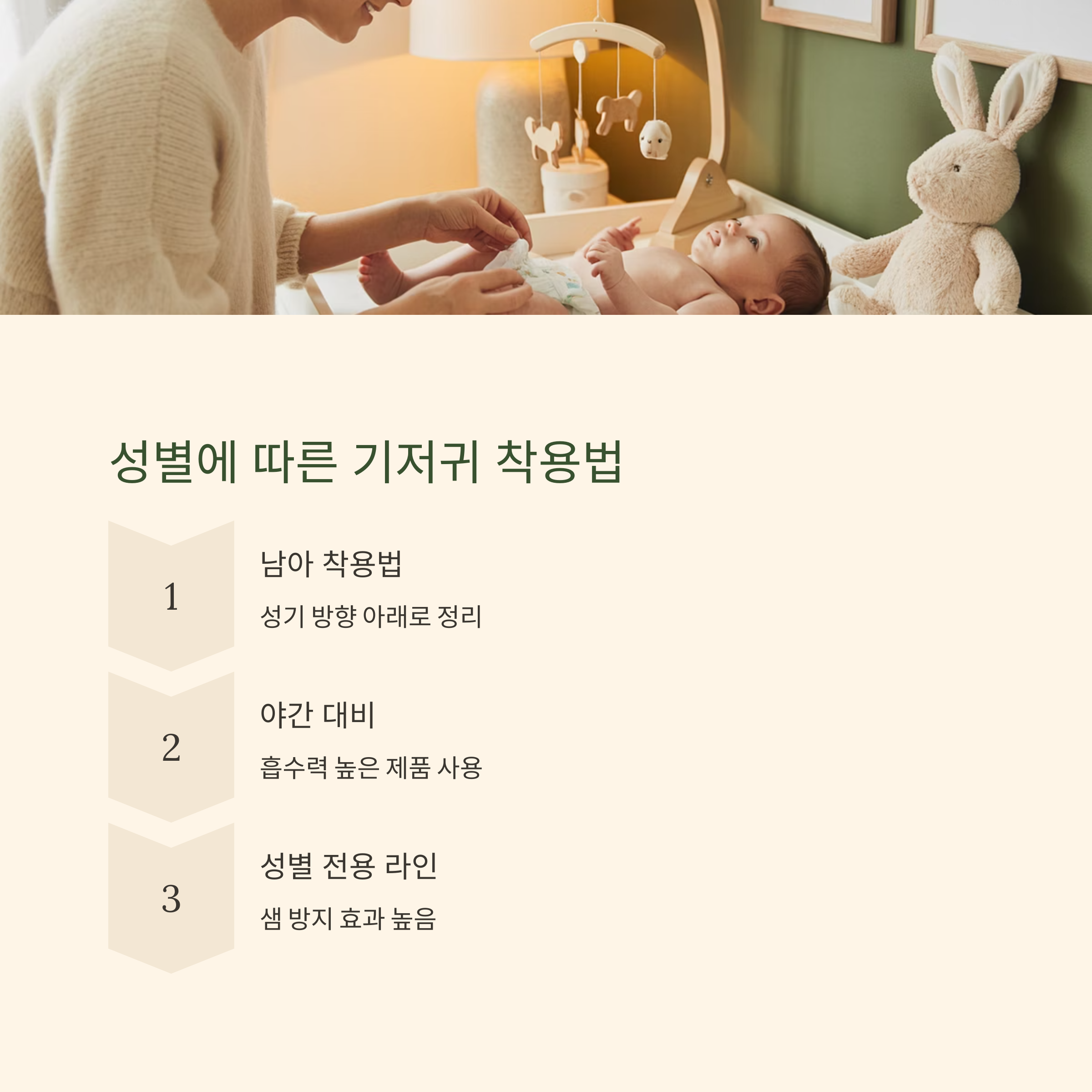 아기 침대 위에서 기저귀를 착용시키는 장면과 함께, 성별에 따른 기저귀 착용법 안내 인포그래픽