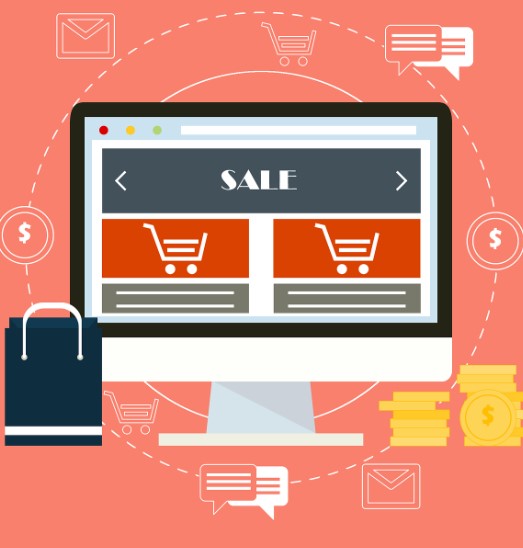 온라인 쇼핑몰에서 상품 판매 중인 스마트스토어 창업 화면, 전자상거래 플랫폼을 상징하는 아이콘 포함