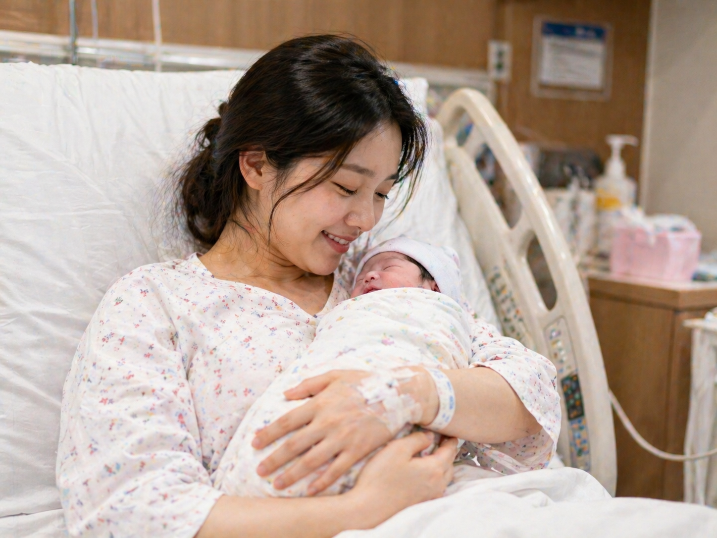 출산 후 신생아를 안고 있는 산모의 모습