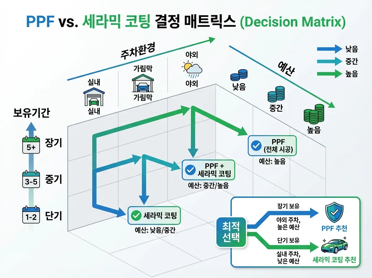 PPF와 세라믹 코팅 선택 판단 기준 요약 인포그래픽