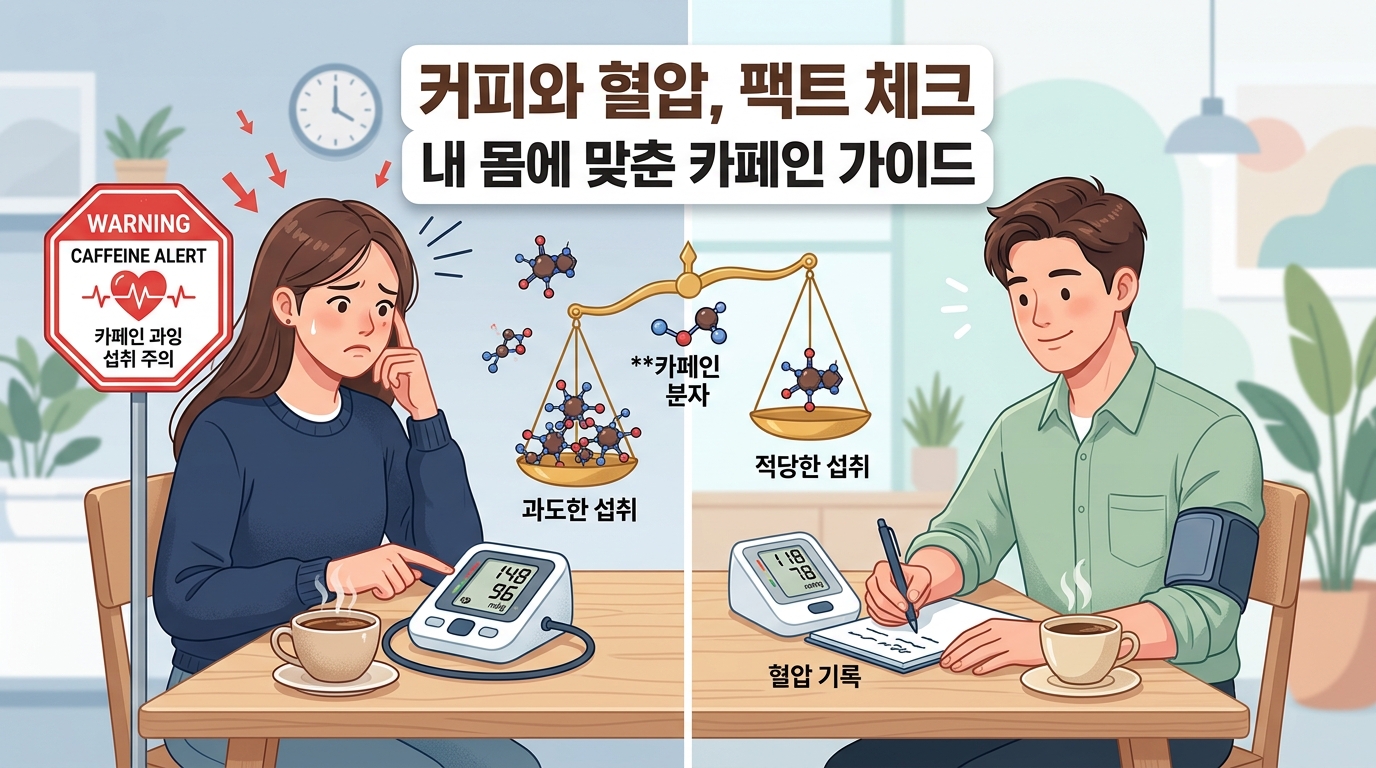 커피 잔과 혈압계를 나란히 배치하고, 카페인과 혈압의 상관관계를 고민하는 모습과 안정을 찾은 모습을 대비적으로 표현한 일러스트레이션. '커피와 혈압, 팩트 체크'와 '내 몸에 맞춘 카페인 가이드'라는 한글 문구가 적혀 있으며, 무조건적인 카페인 기피보다는 개인별 데이터 관리가 중요함을 시각화함.