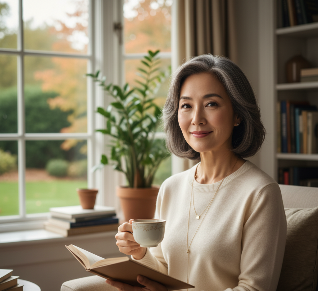 부드러운 미소로 커피를 들고 있는 중년 여성, 창가에서 책을 읽으며 여유로운 시간을 보내는 모습