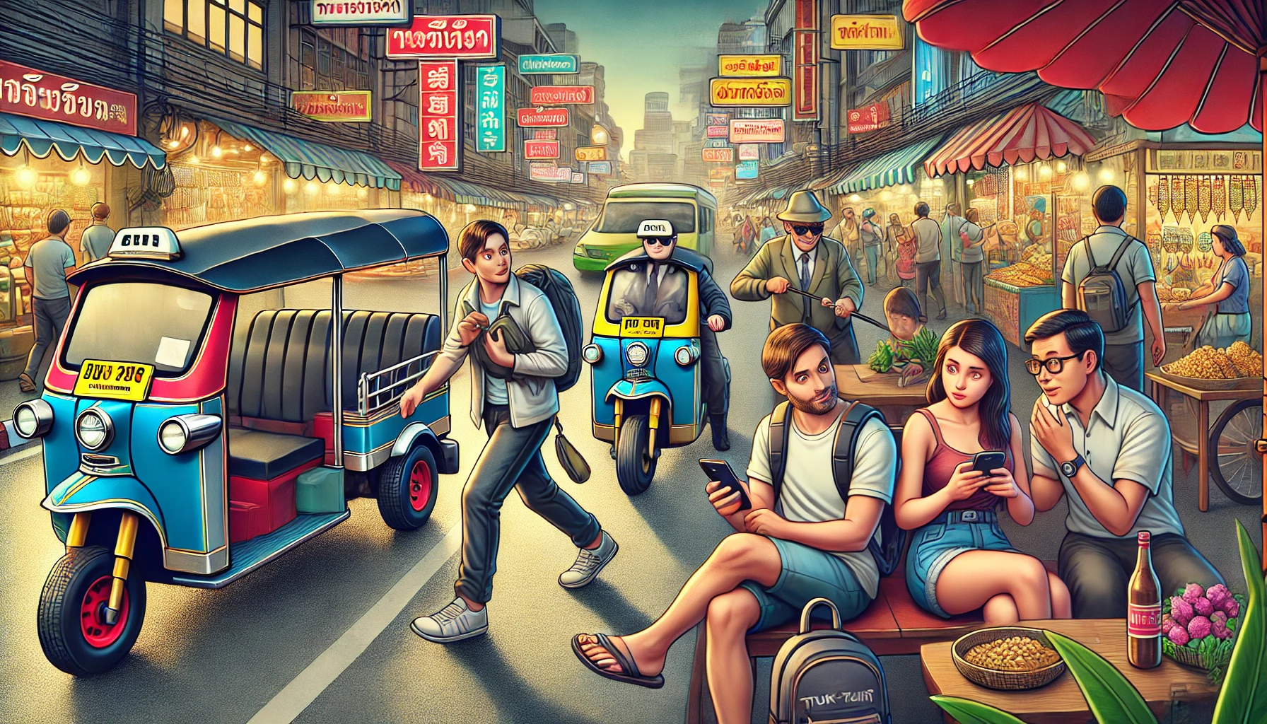 방콕 거리에서 관광객이 조심해야 할 상황을 묘사한 이미지