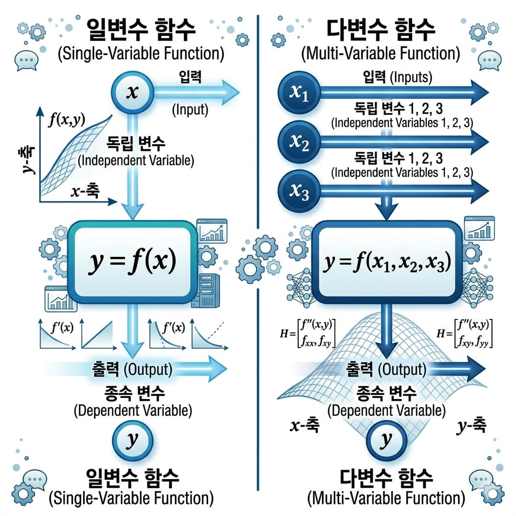 입력이 하나인 일변수 함수와 입력이 여러 개인 다변수 함수의 구조를 비교한 인포그래픽