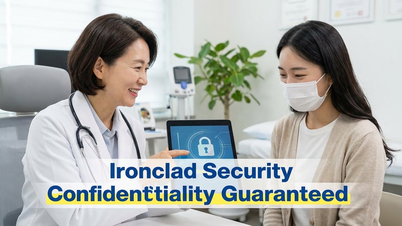 의사가 환자에게 자물쇠 모양의 아이콘이 그려진 차트를 보여주며 안심시키는 모습