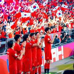 대한민국 축구 국가대표팀 선수들이 경기 후 관중석 앞에서 태극기를 흔드는 팬들과 함께 응원하는 모습