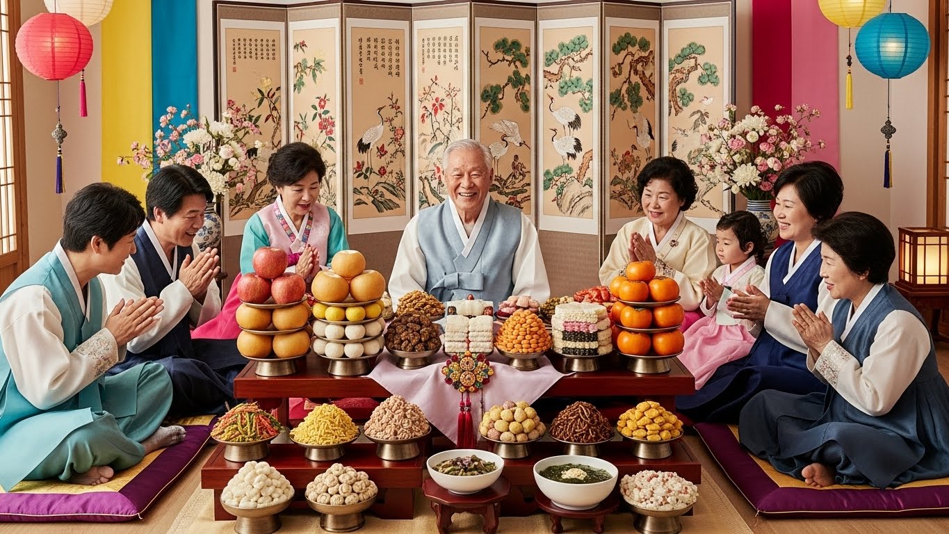 전통 환갑잔치 상차림과 장수와 복을 기원하는 가족들의 축하장면