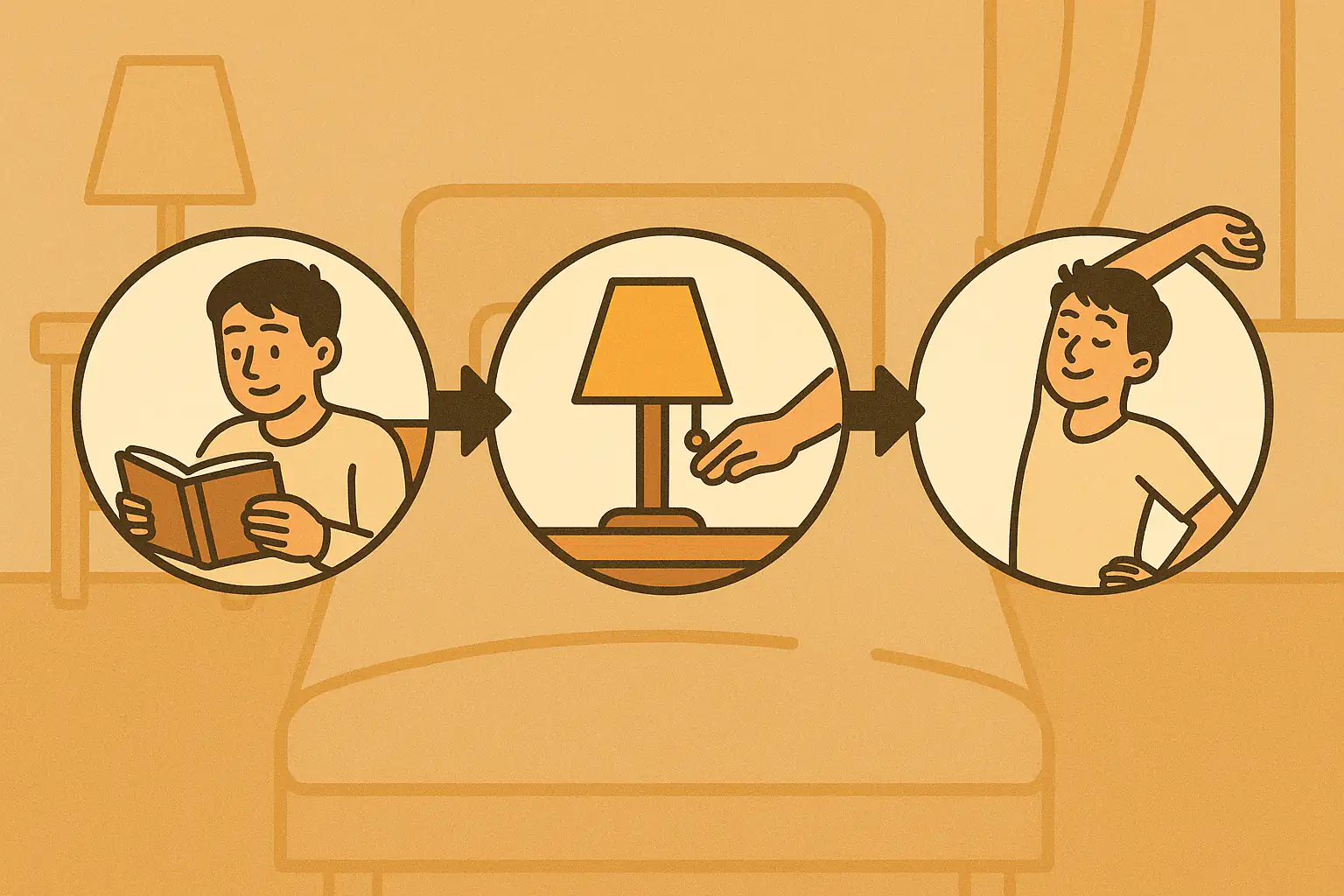 취침 전 루틴(책 읽기, 조명 낮추기, 스트레칭)을 하는 장면