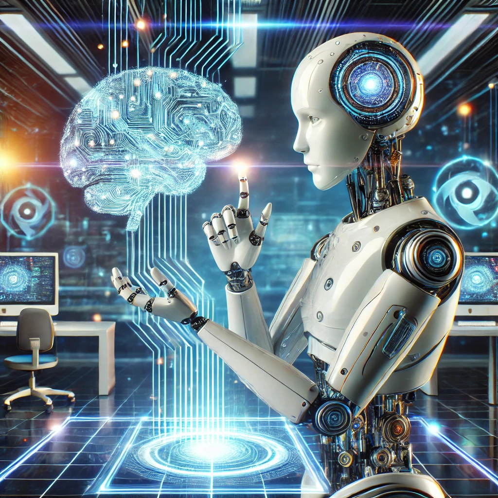 휴머노이드 로봇이 디지털 뇌와 상호작용하며, 고급 기술 장비와 현대적인 실험실 배경 속에서 데이터 흐름과 회로를 보여주는 이미지