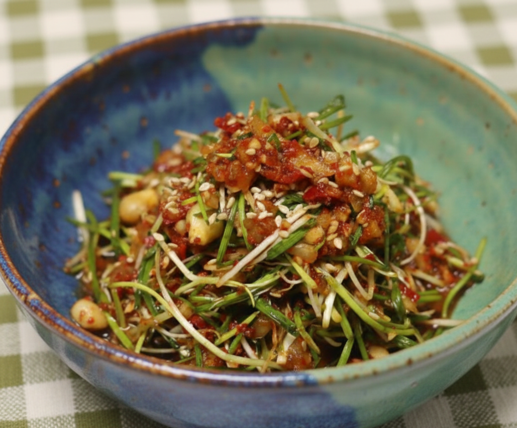 잘게 썬 달래와 고춧가루, 간장 양념이 어우러진 향긋하고 매콤한 제철 달래장의 모습.