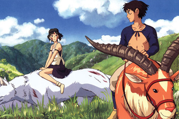 모노노케 히메의 주인공 산과 아시타카가 들판에서 마주 보고 있는 장면