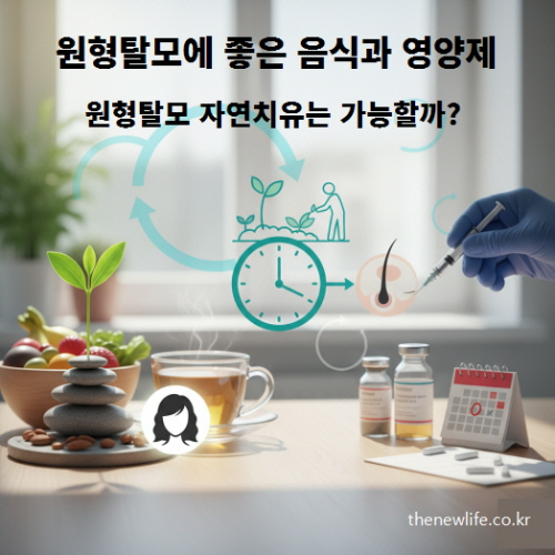 원형탈모 자연치유를 주제로 한 인포그래픽 – 주사 치료, 식단, 수면, 영양관리, 스트레스 완화 등 원형탈모 회복 과정이 순환 구조로 표현된 이미지