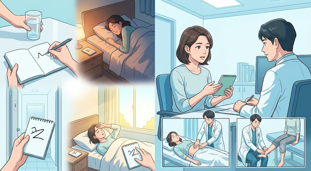 진료실 문진 및 진찰 과정과 일상 속 배뇨일지 기록 행동을 보여주는 메디컬 일러스트