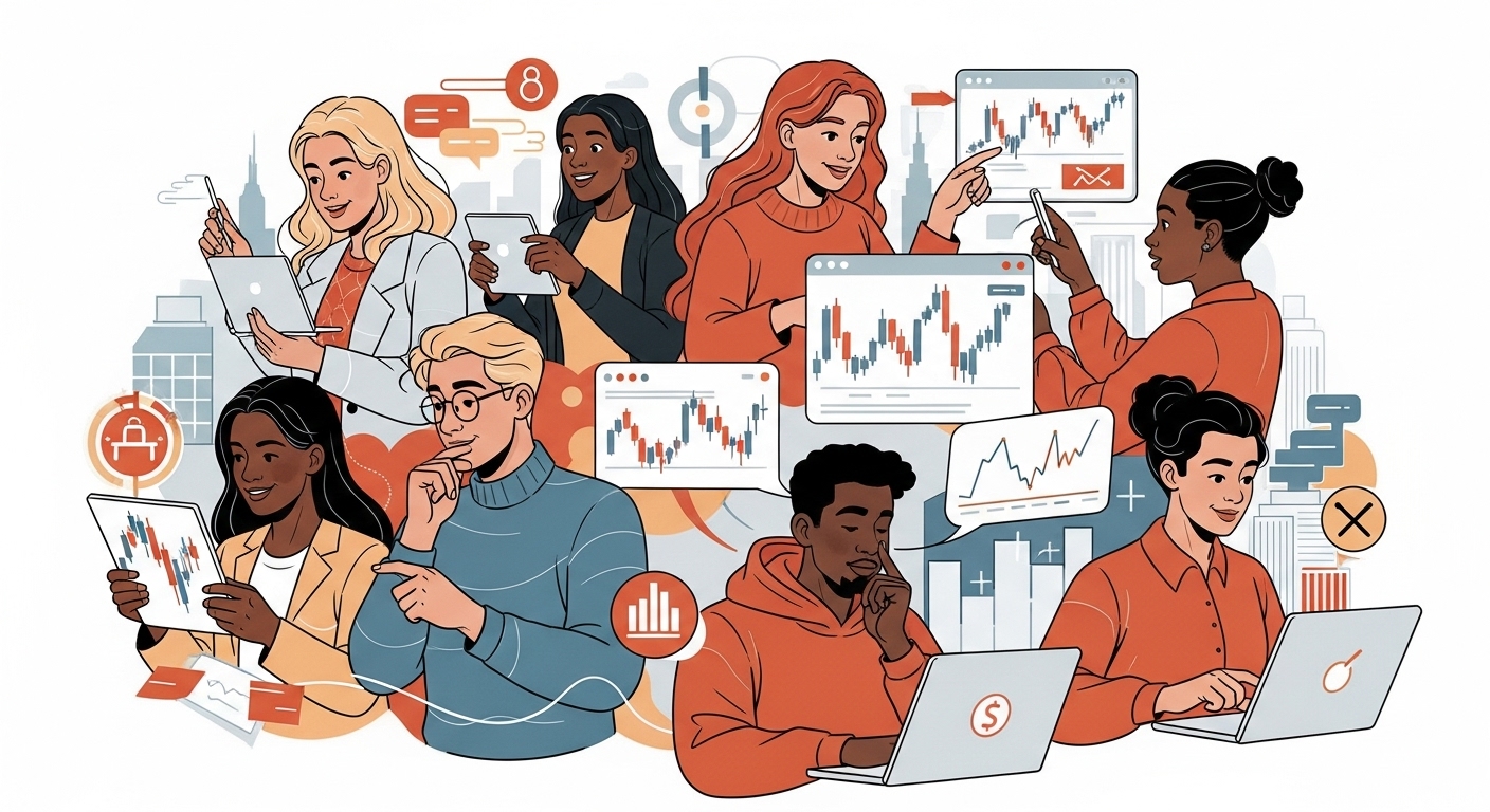 주식 차트를 보며 활발하게 투자하는 MZ세대 젊은이들, 투기와 미래 설계를 고민하는 모습